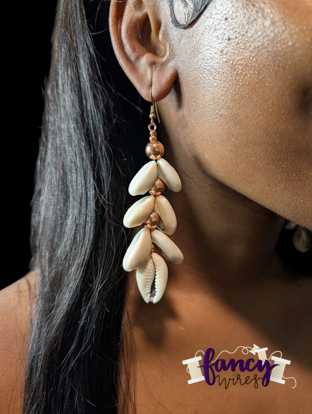 Cowrie Shell and Copper Dangle Earrings