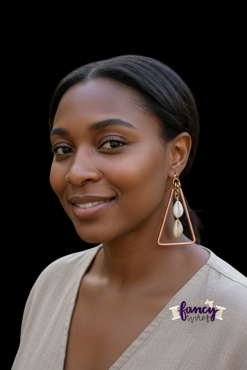 Triangular Copper and Cowrie Shell Earrings