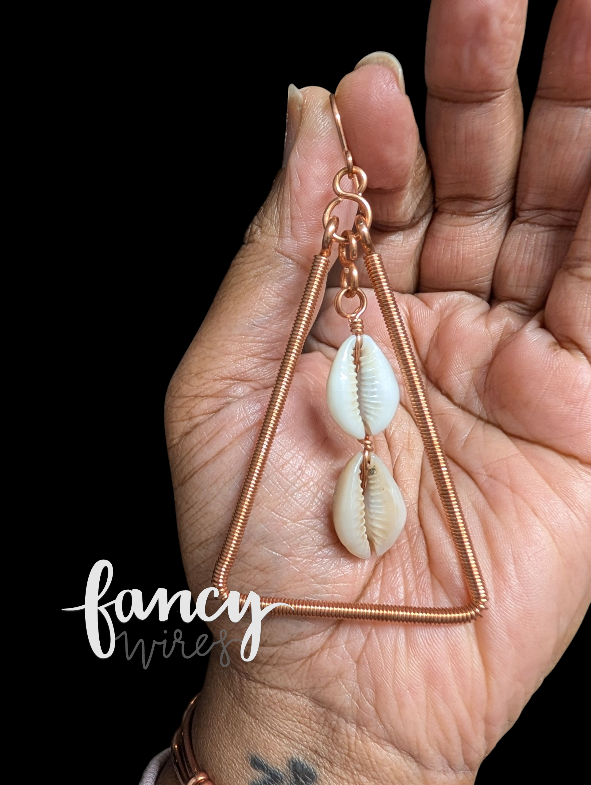 Triangular Copper and Cowrie Shell Earrings