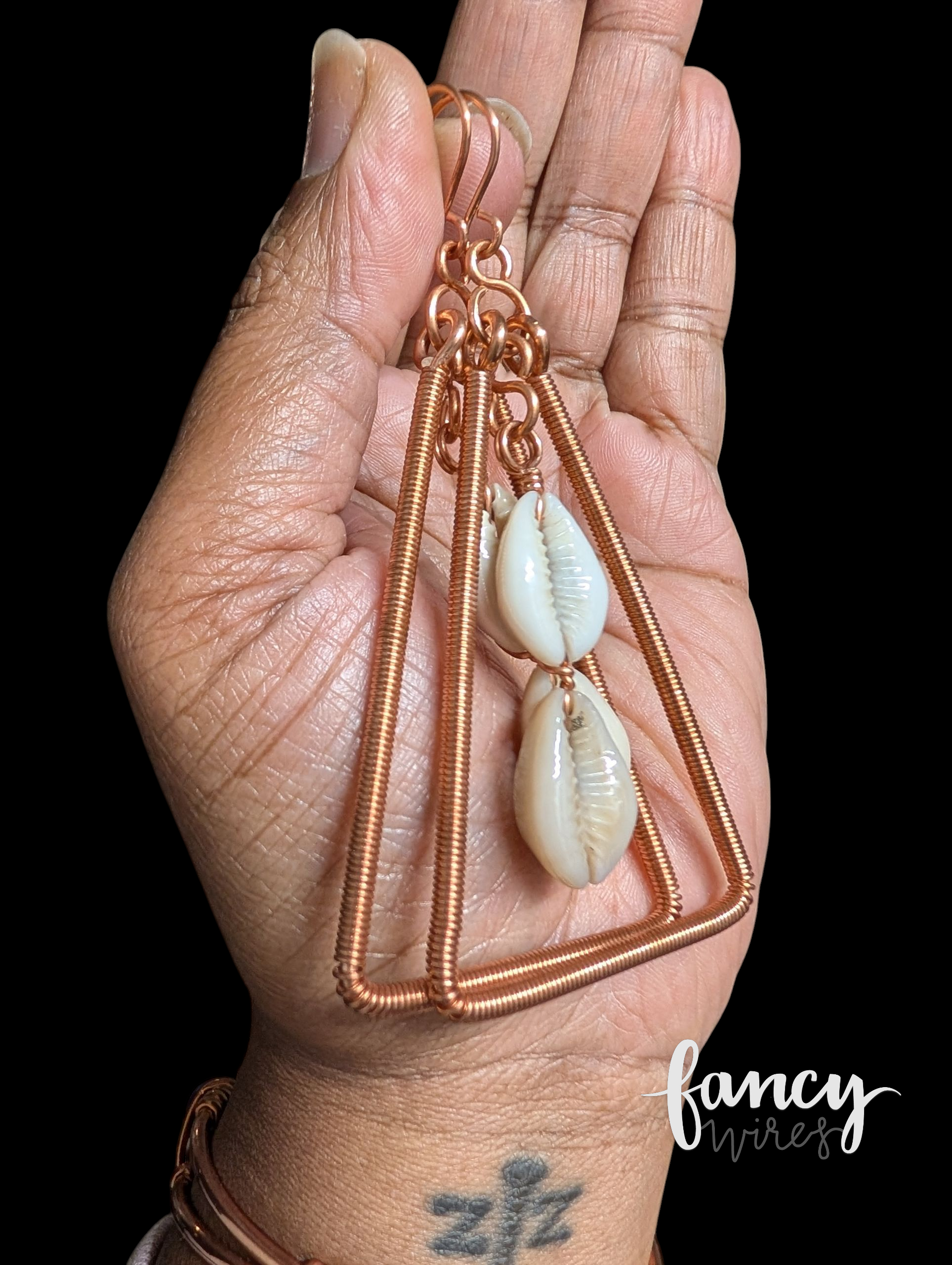 Triangular Copper and Cowrie Shell Earrings