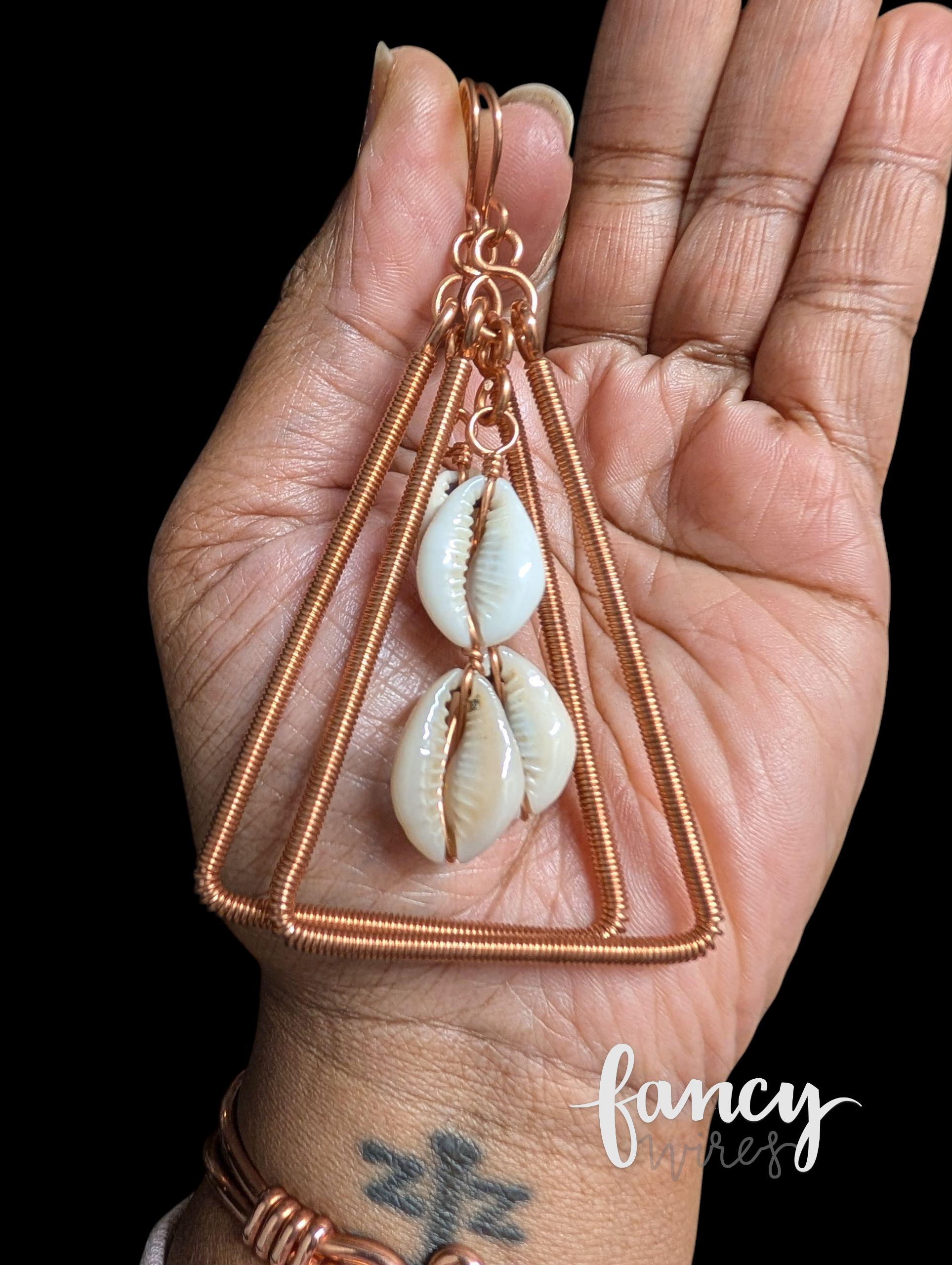 Triangular Copper and Cowrie Shell Earrings
