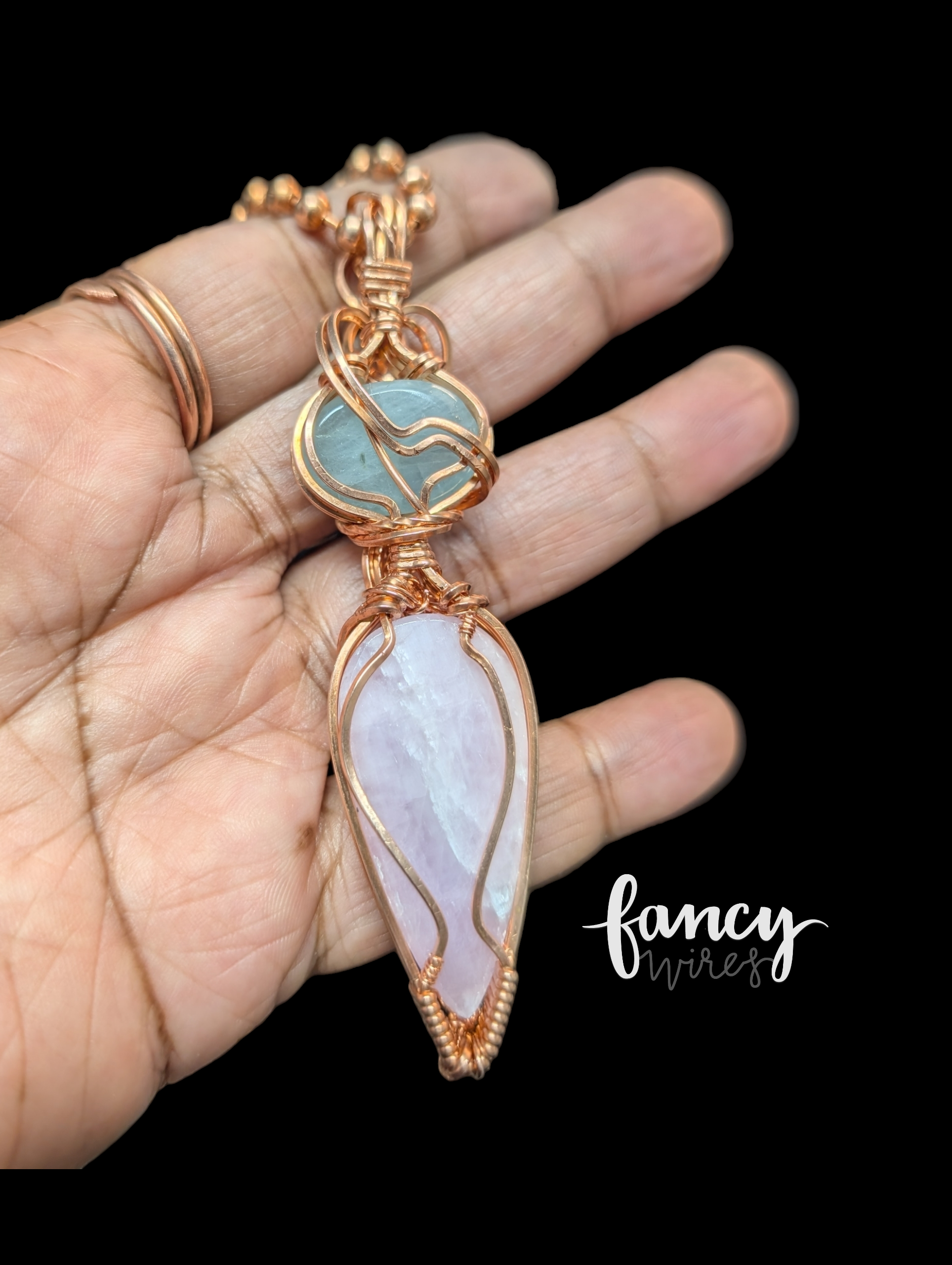 Kunzite/Aquamarine and Copper Pendant