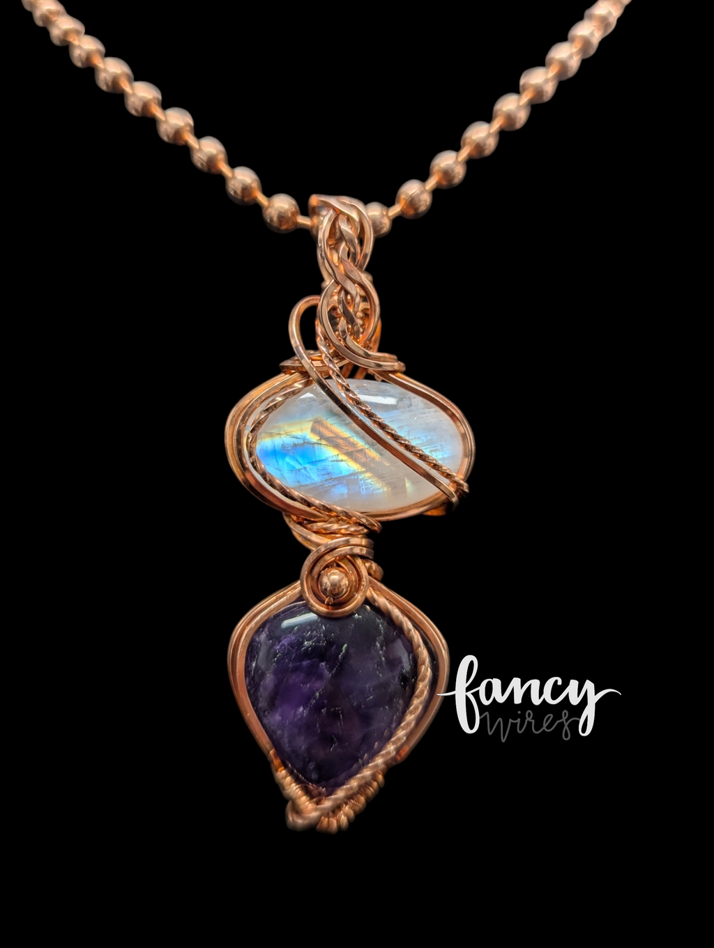 African Amethyst and Rainbow Moonstone Wrapped Pendant