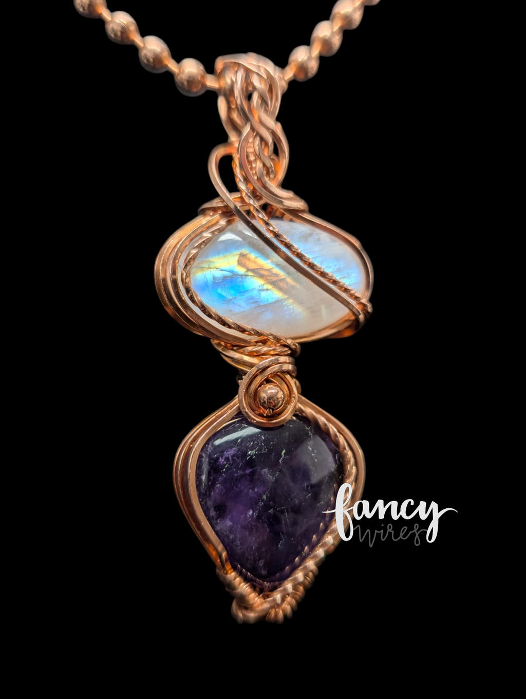 African Amethyst and Rainbow Moonstone Wrapped Pendant