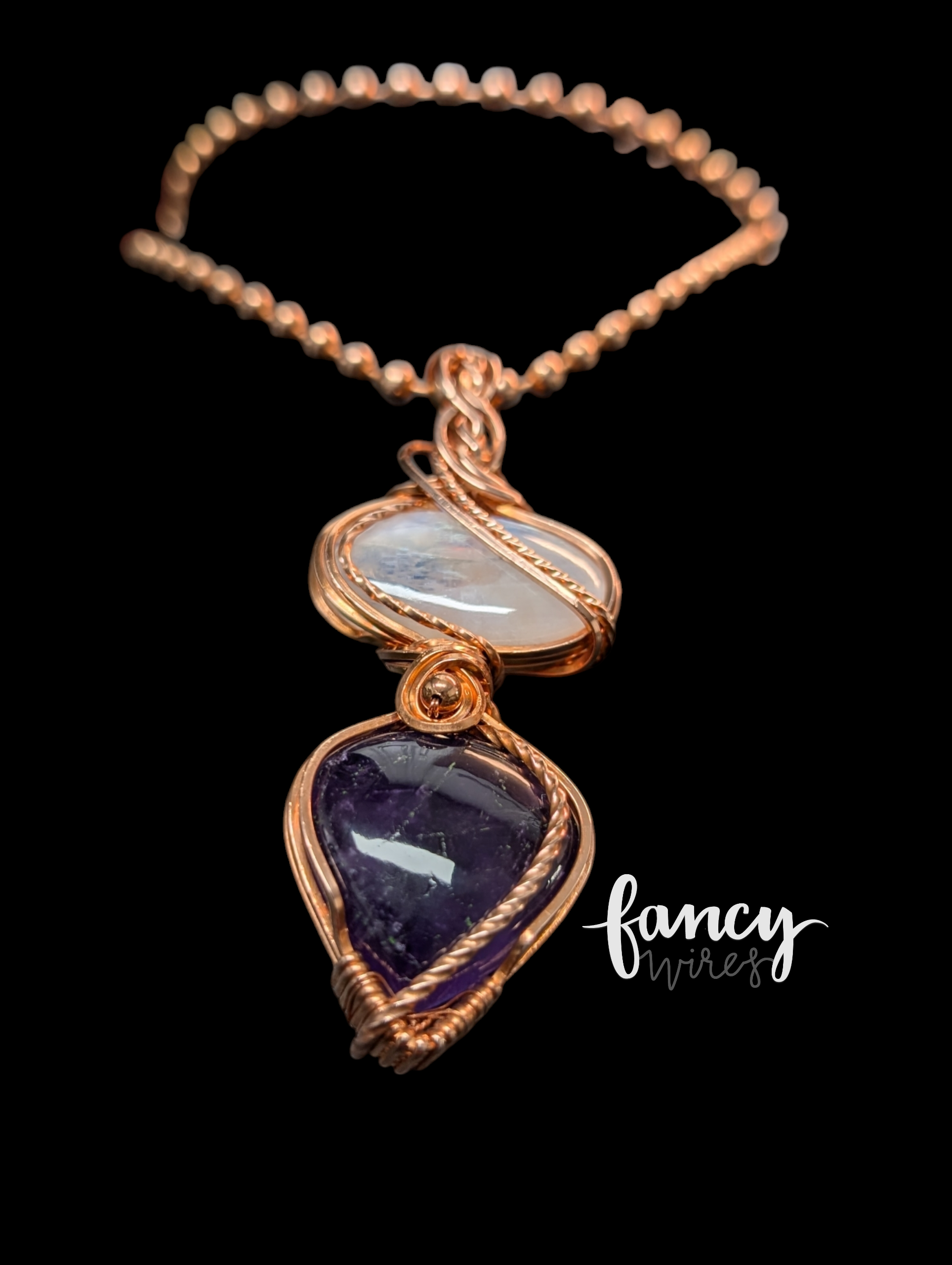 African Amethyst and Rainbow Moonstone Wrapped Pendant