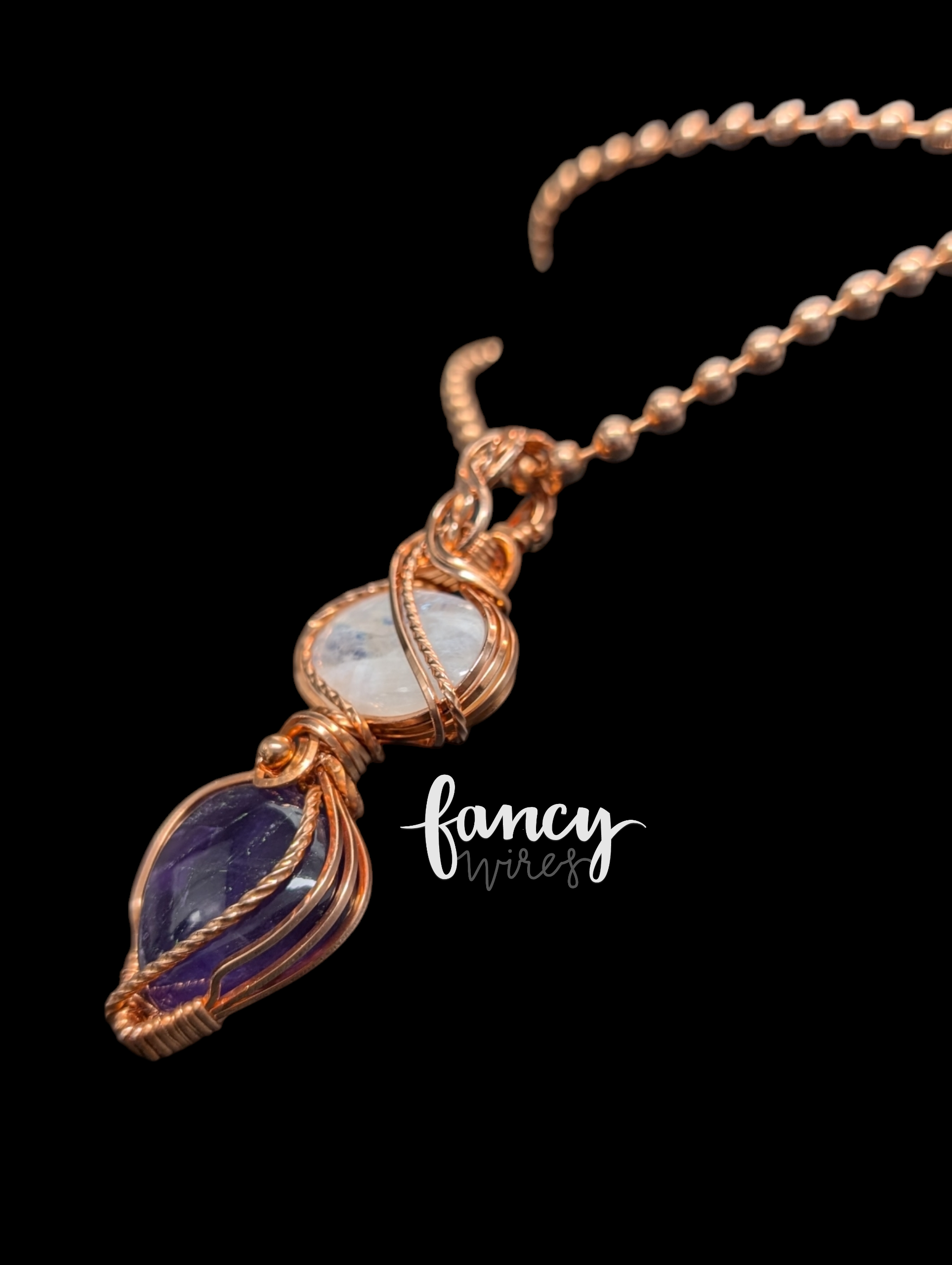 African Amethyst and Rainbow Moonstone Wrapped Pendant