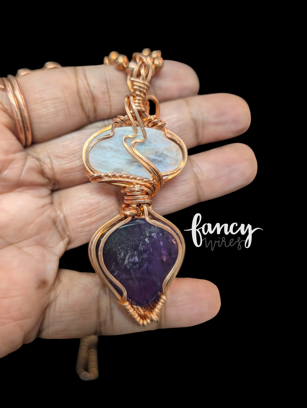 African Amethyst and Rainbow Moonstone Wrapped Pendant