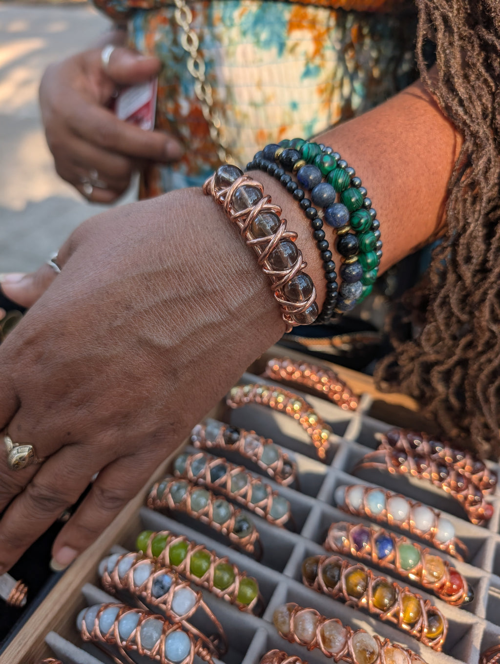 Beaded Gemstone and Copper Bangles
