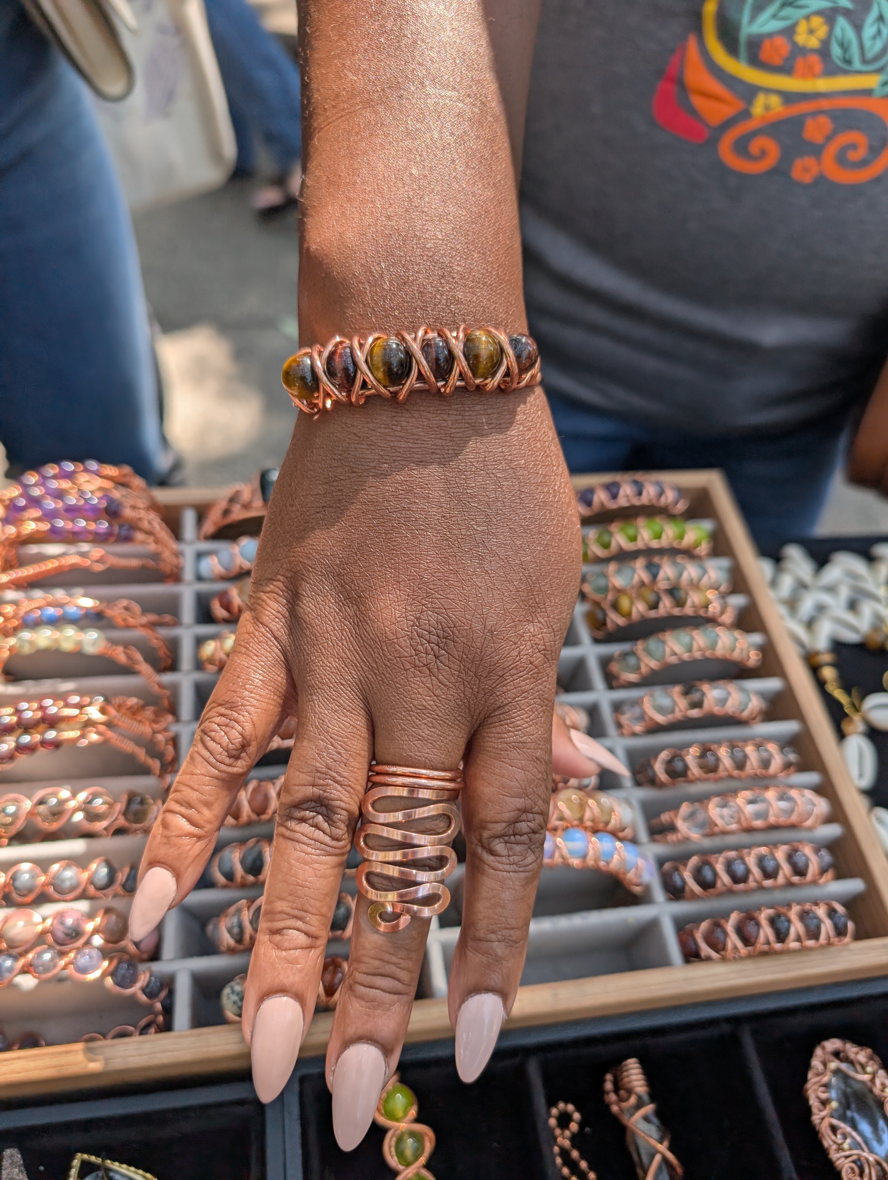 Beaded Gemstone and Copper Bangles